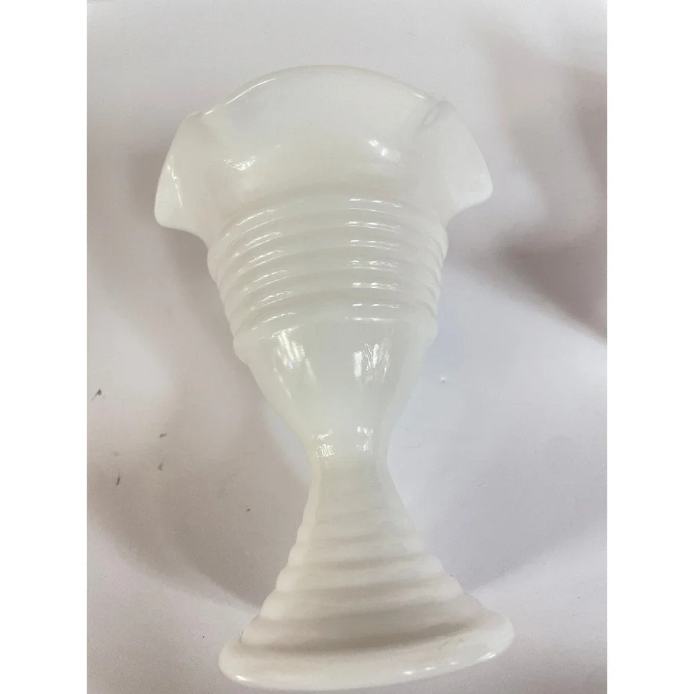 Vintage Milk Glass Bud Vases Ruffled Rim Ribbed Pedestal Ice Cream Dessert Dish